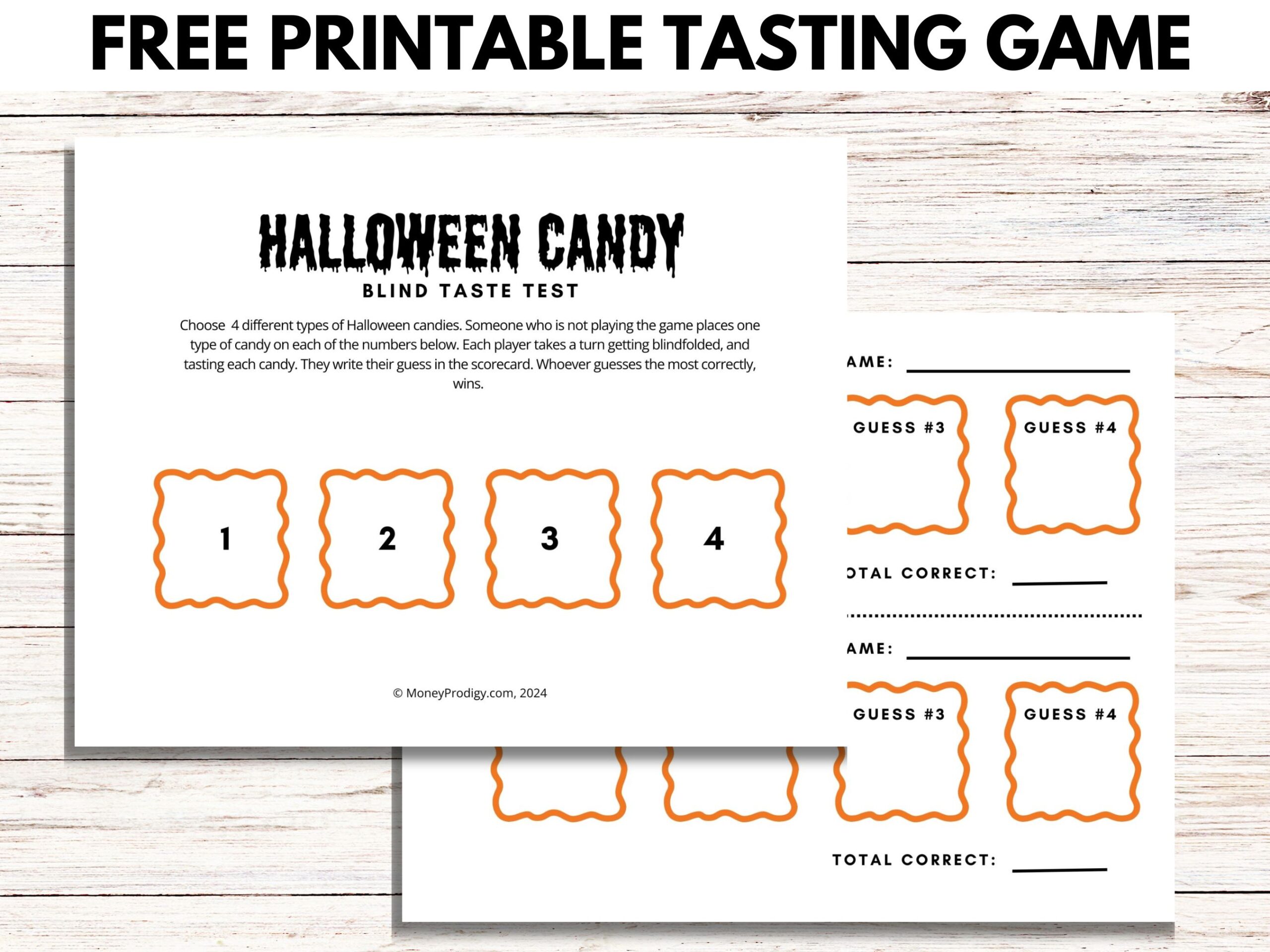 two page printable Halloween Candy Blind Taste Test on wooden background