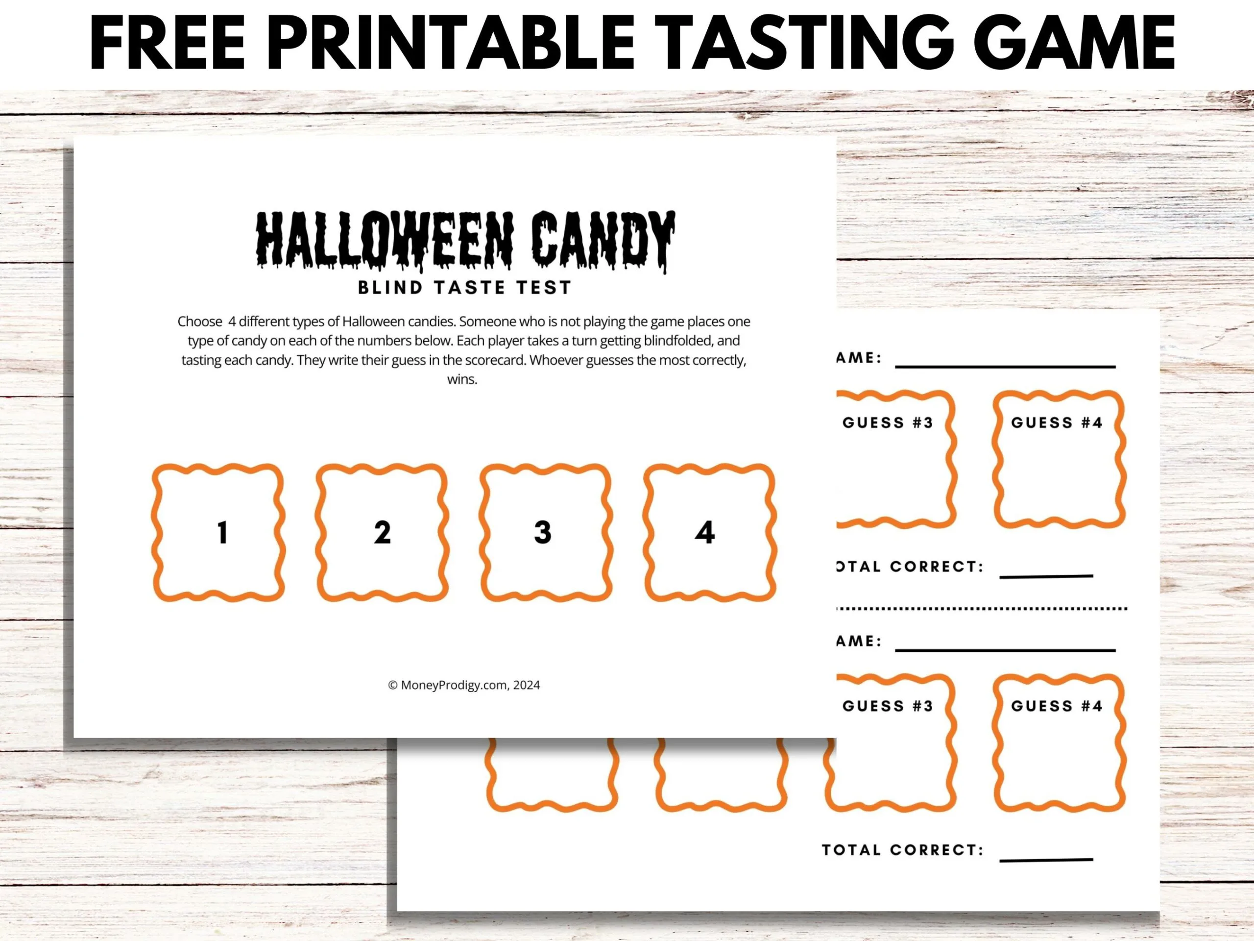 two page printable Halloween Candy Blind Taste Test on wooden background