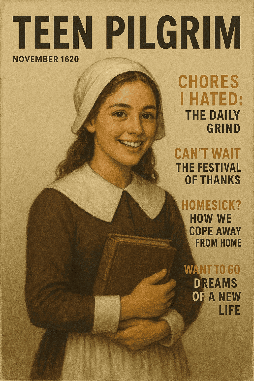 Teen Pilgrim magazine mockup from 1620 with funny teen pilgrim headlines and teen girl