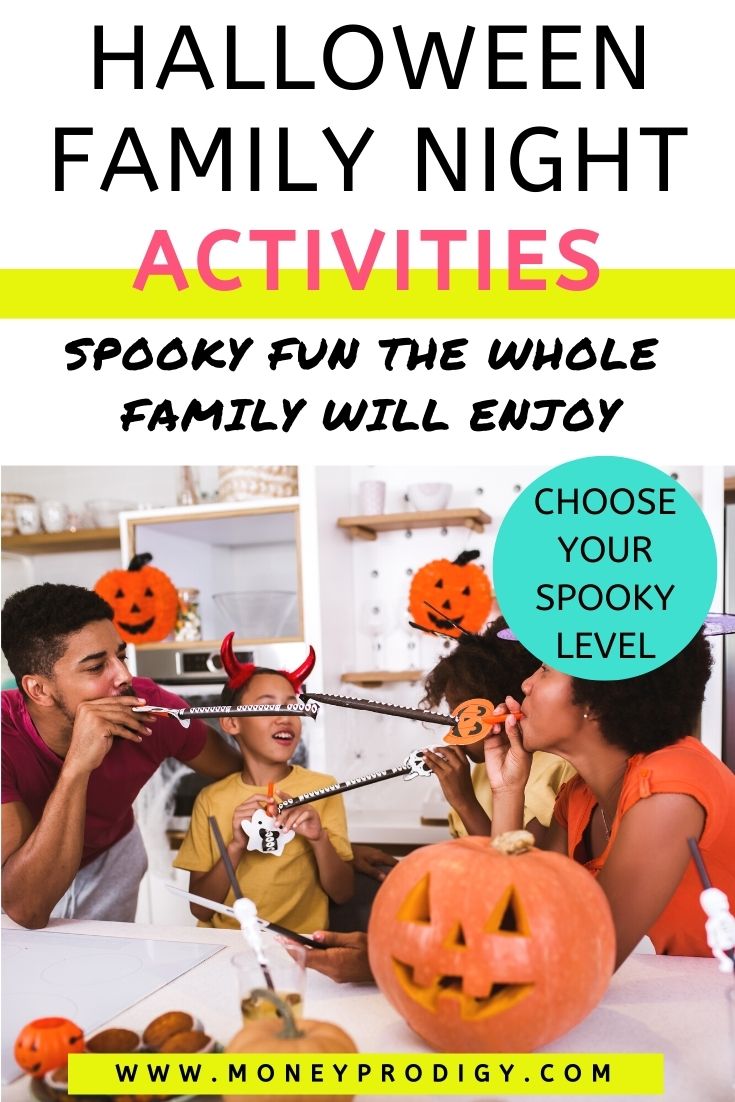 family playing on Halloween, with pumpkins, text overlay "Halloween family night activities"
