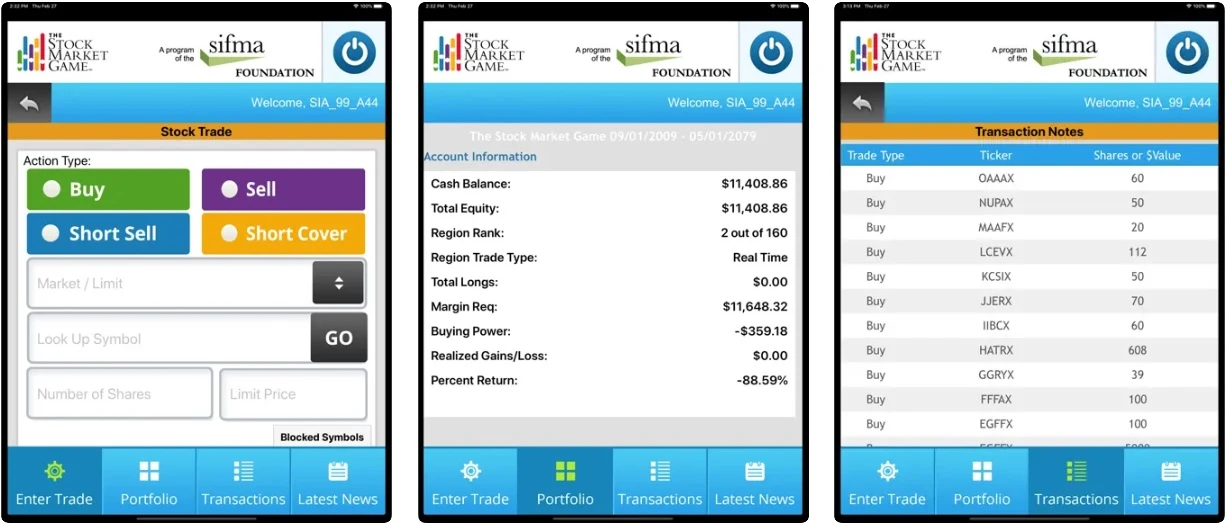 three dashboard screens of the stock market game with blue buttons