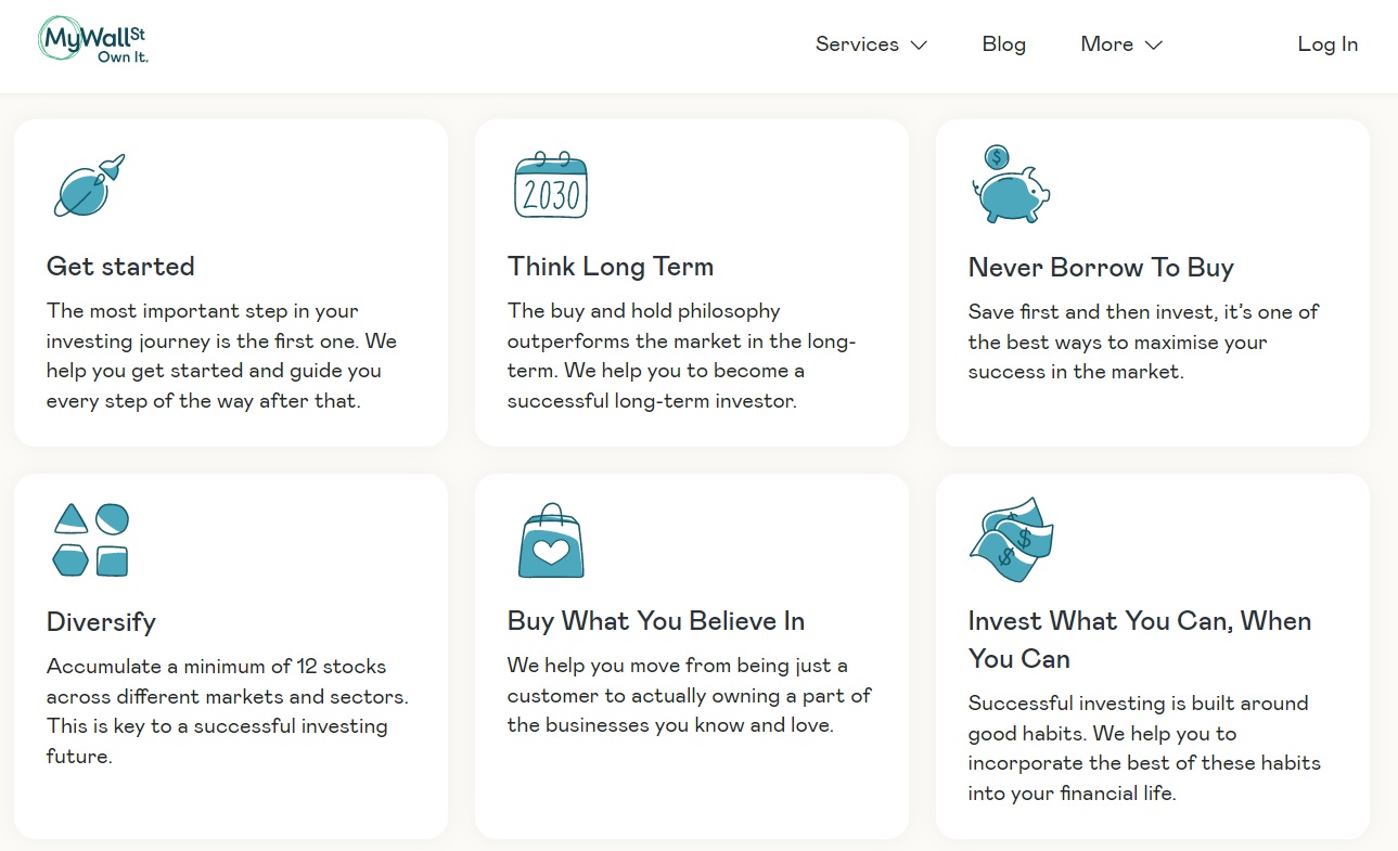 six stock investing philosophies this learning stock app for kids is based on, with teal icons