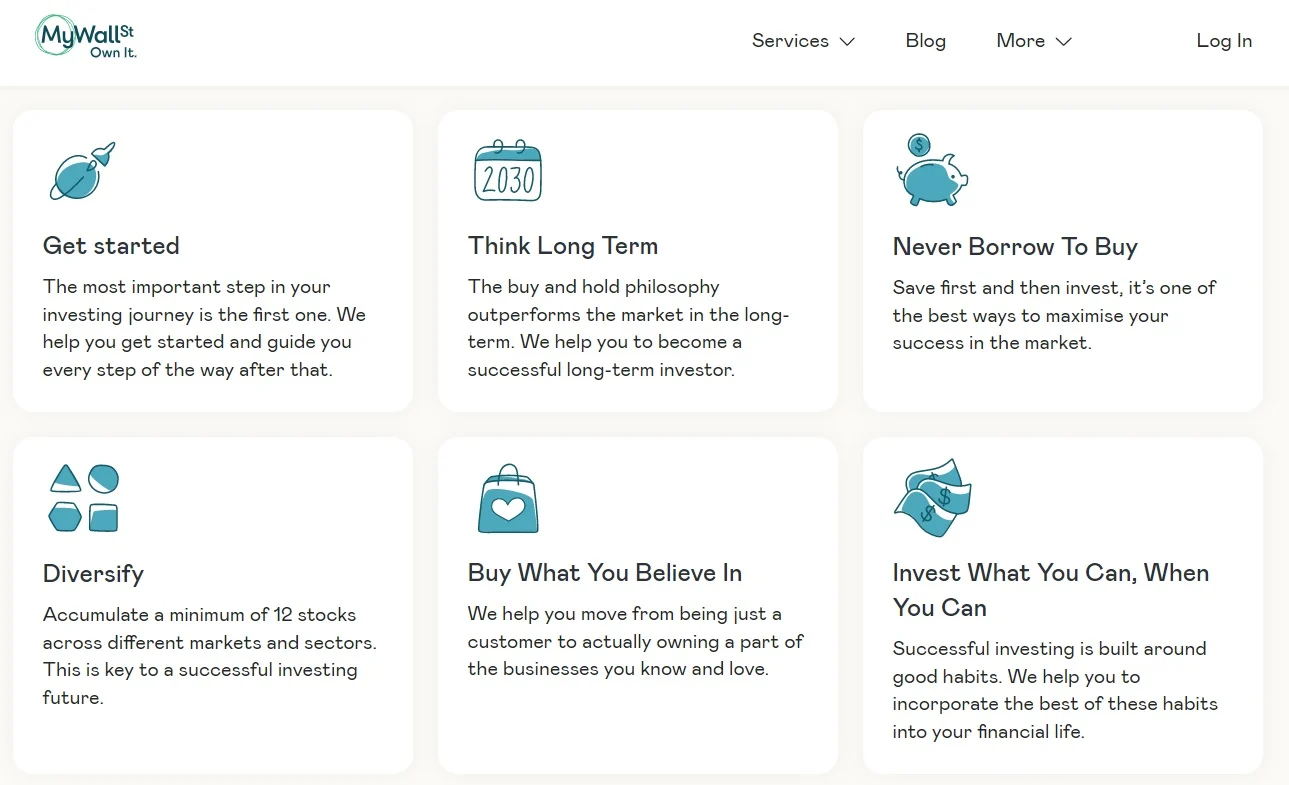 six stock investing philosophies this learning stock app for kids is based on, with teal icons