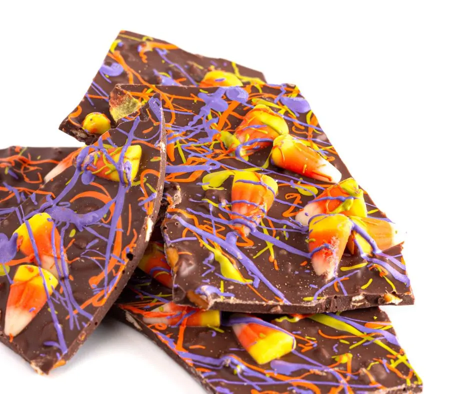 candy corn and tie dyed chocolate bark pieces