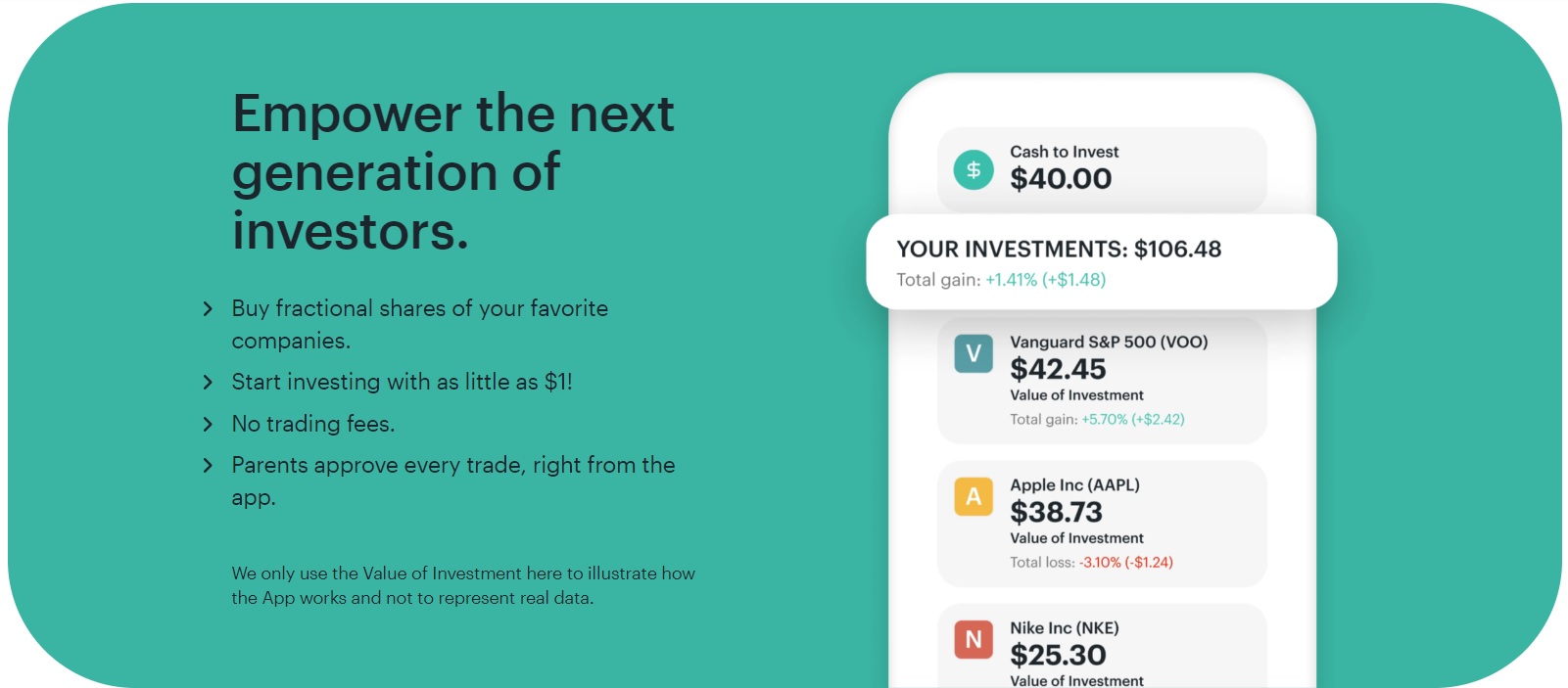 teal background with screenshot of greenlight invest dashboard showing various stock investments