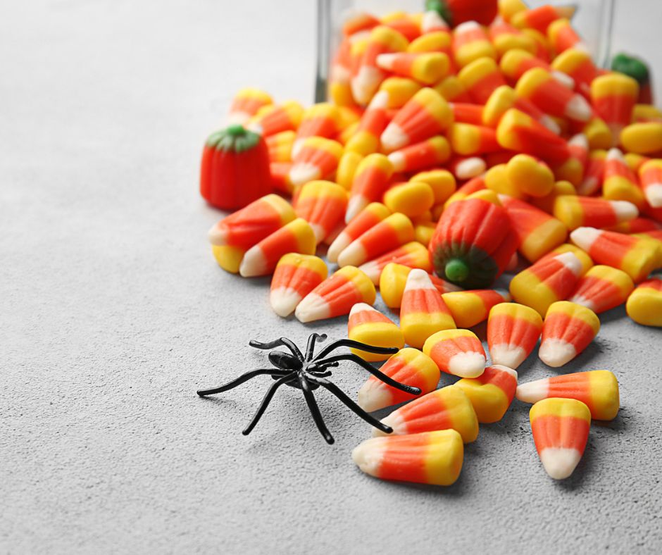 fake spider in spilled bowl of candy corn