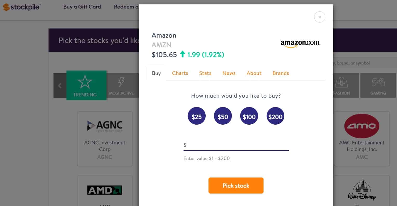 Stockpile screen to purchase amazon stock, at various dollar amounts ($25-$200)