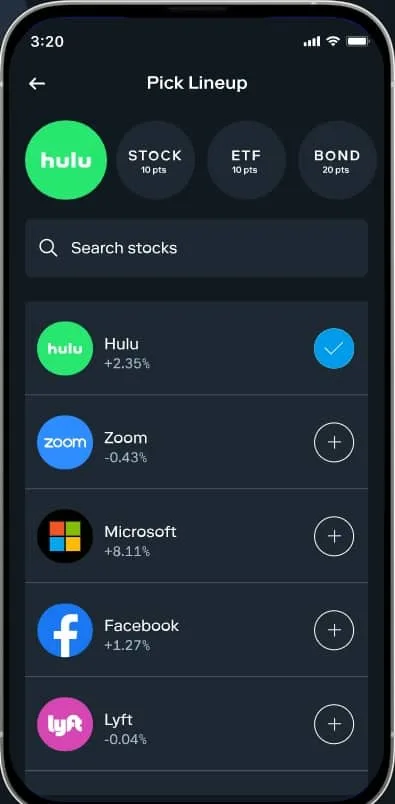 stash101 investing app black screen where you pick your lineup