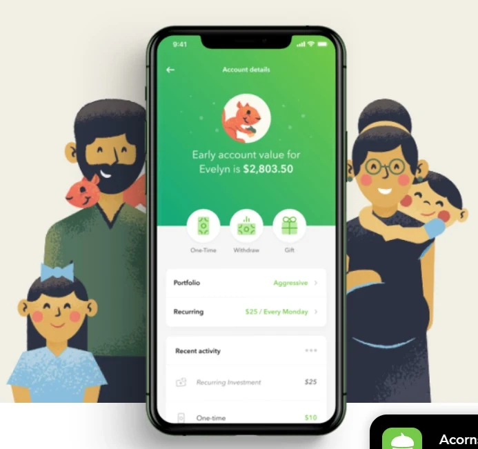 drawing of family around iphone showing Acorn Early green app dashboard with account value