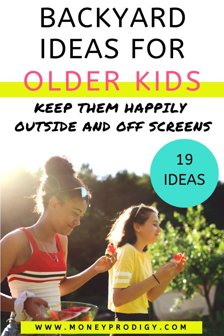 two tween girls with watermelon in backyard, text overlay "backyard ideas for older kids"
