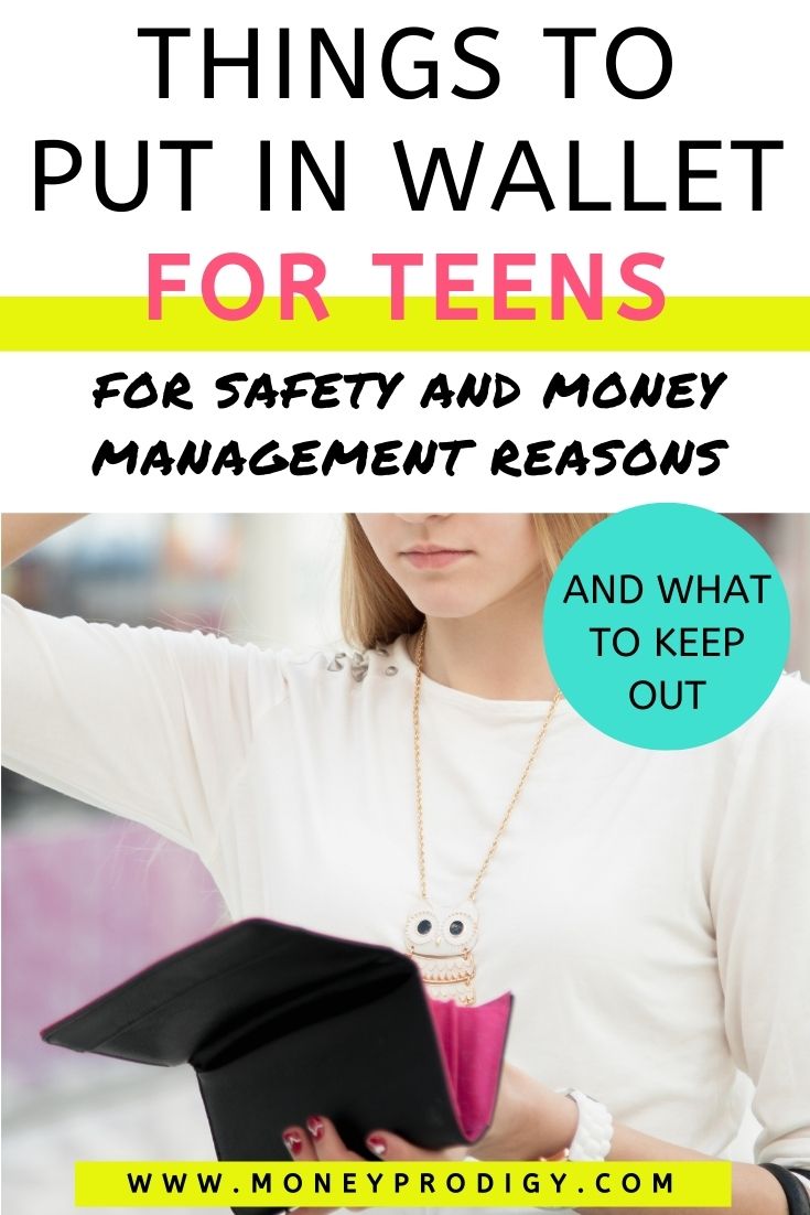 teen girl in white shirt with black and pink wallet, text overlay "things to keep in your wallet for teens"