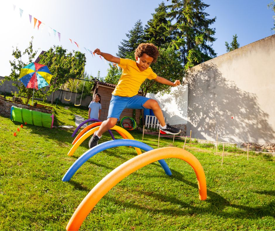obstacle course 10 year old tween set up for younger kids in backyard
