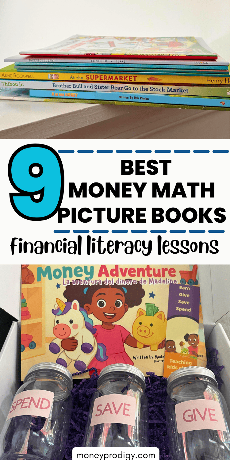 money jars book and lots of stacked money books, text overlay "best money math picture books financial literacy lessons"