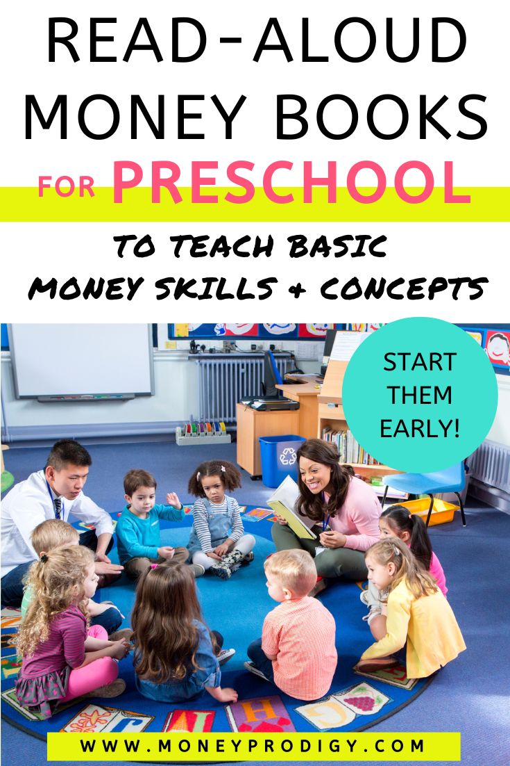 preschool class circle with teacher reading, text overlay "read-aloud money books for preschoolers"
