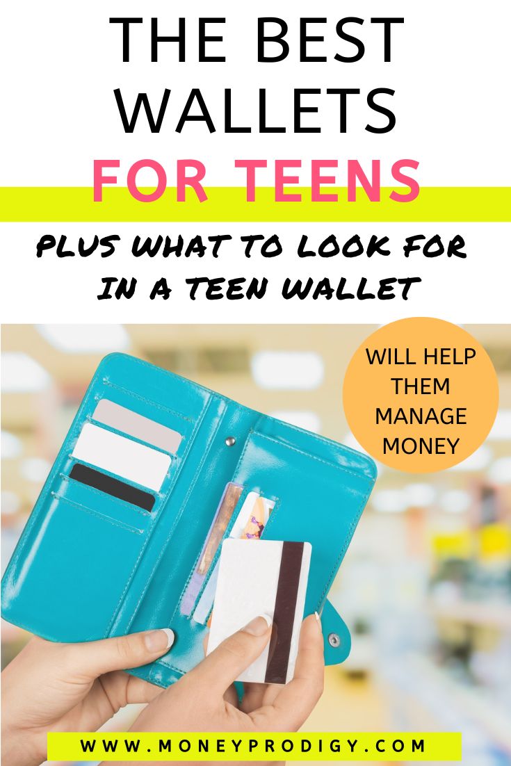 teen girl putting card into teal colored wallet, text overlay "best wallets for teens"