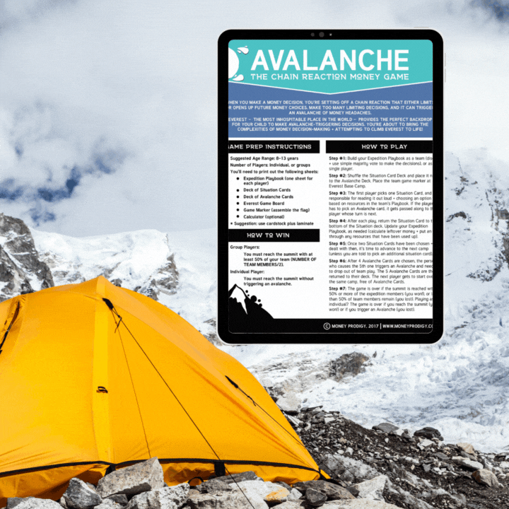Gif with Everest in background to bright yellow tent, and ipad showing each page of the Avalanche money game