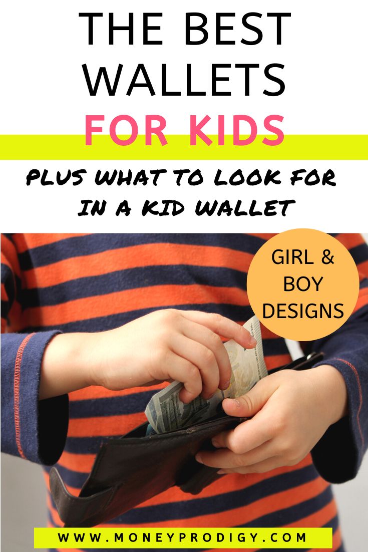 boy in orange striped shirt putting money into wallet, text overlay "the best wallets for kids, boys and girls"