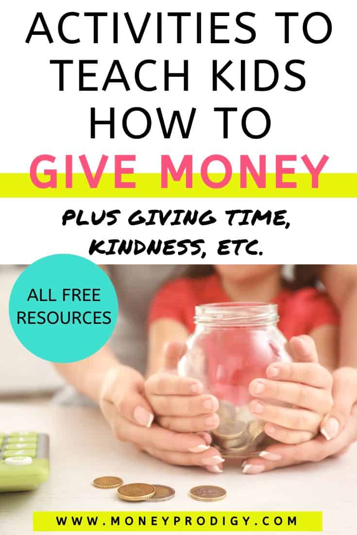 mother with hands around girl's hands, holding piggy bank, text overlay "activities to teach kids how to give money"