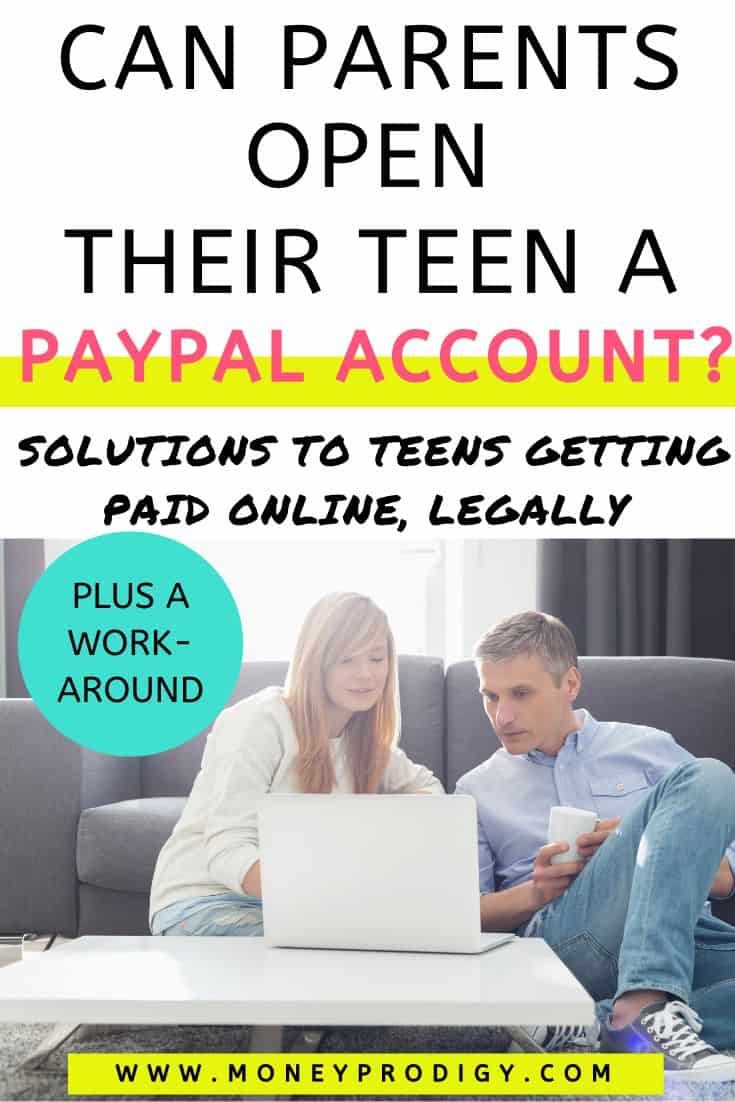 teen girl looking at white laptop with father, text overlay, "can parents open their teen a paypal account?"