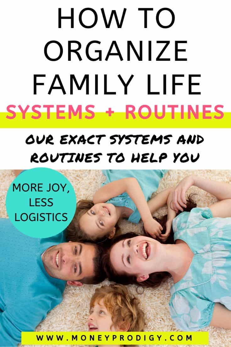 family of four on floor having fun, text overlay, "how to organize your family life - systems + routines"