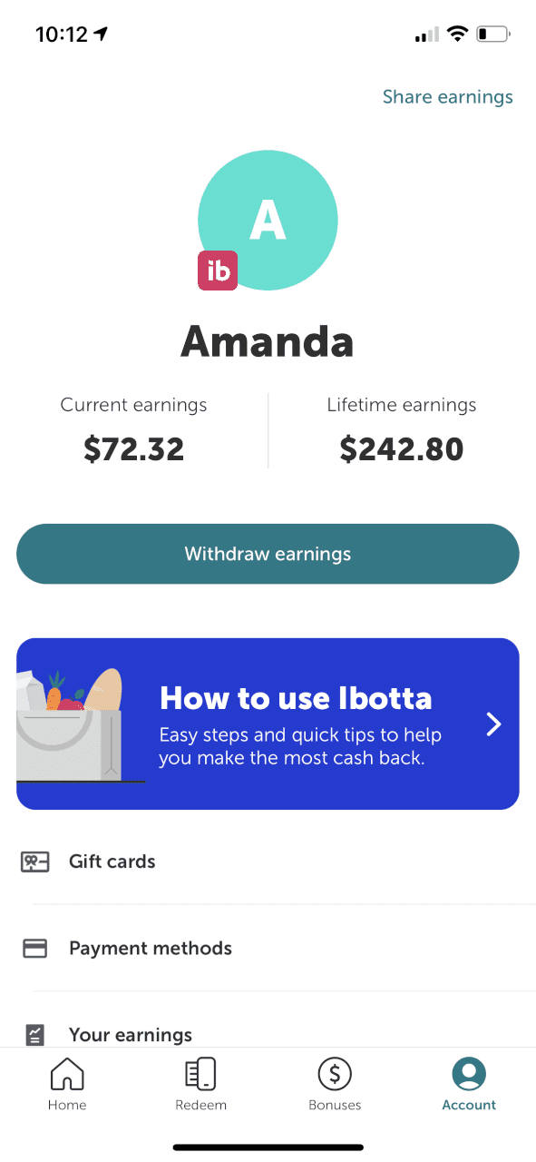 ibotta screenshot of Amanda's account showing $72.32 current earnings, and $242.80 lifetime earnings