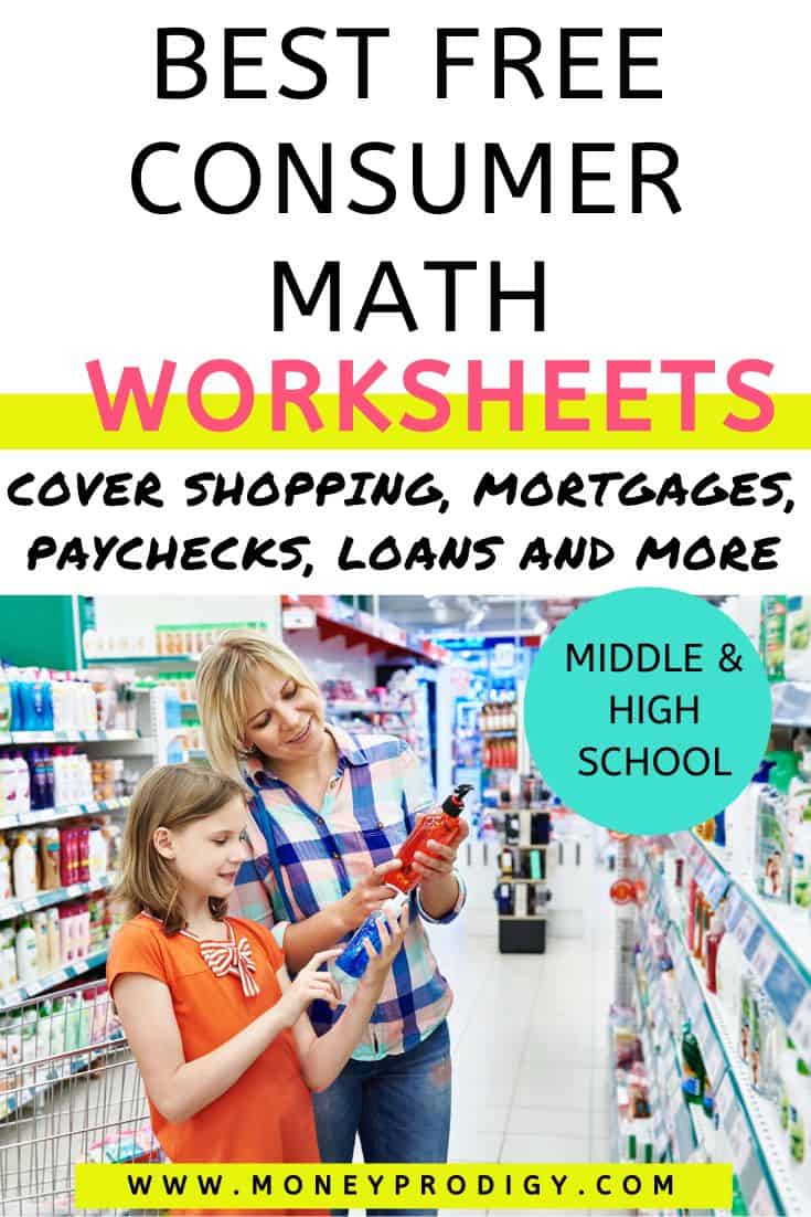 mom and daughter in store comparing products, text overlay "best free consumer math worksheets"