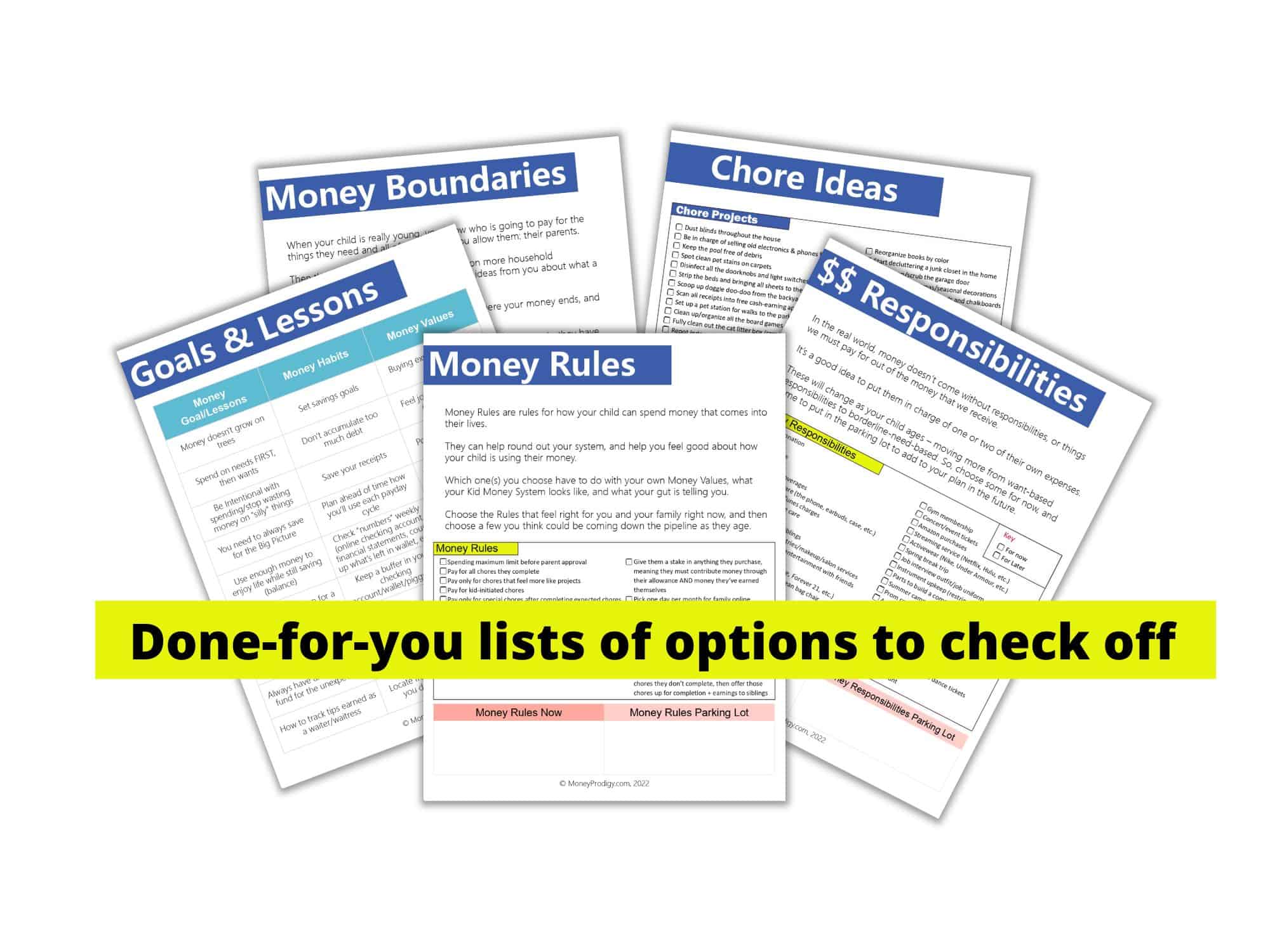 Money boundaries, chore ideas, goals and lessons, and other checklist worksheets