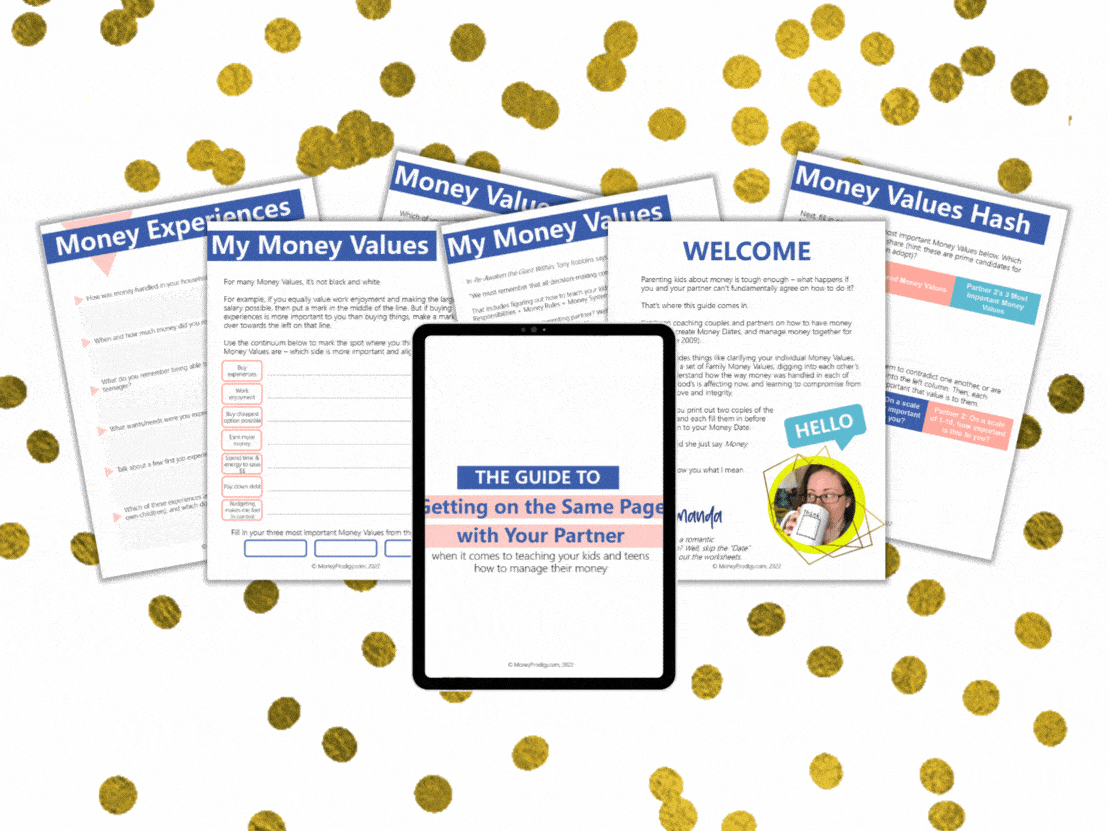 flatlay of guide to getting on the same page as your partner about parenting kids about money, with gold dots in background