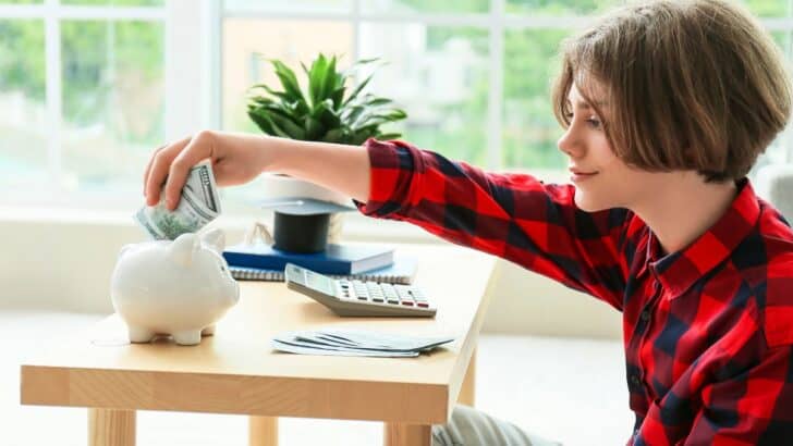 teen boy putting money into white piggy bank