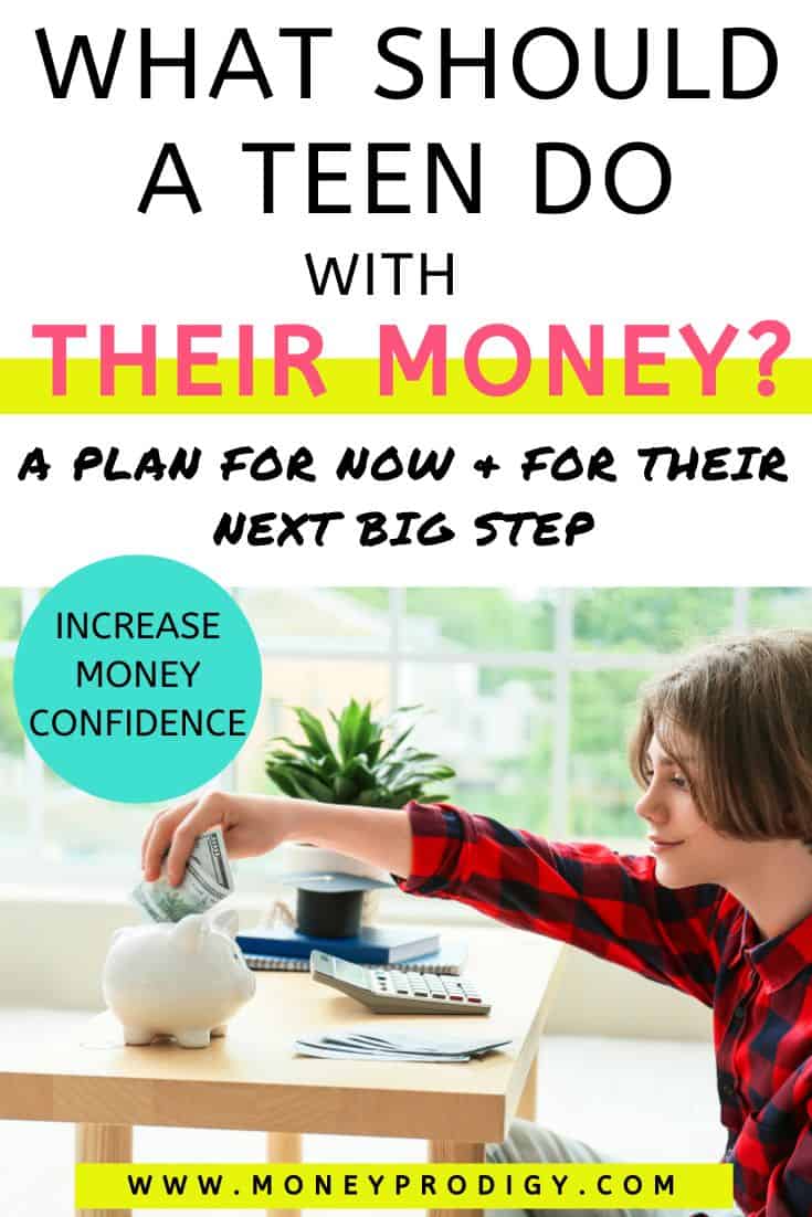 teen boy in red plaid shirt putting money into piggy bank, text overlay "what should a teen do with their money"