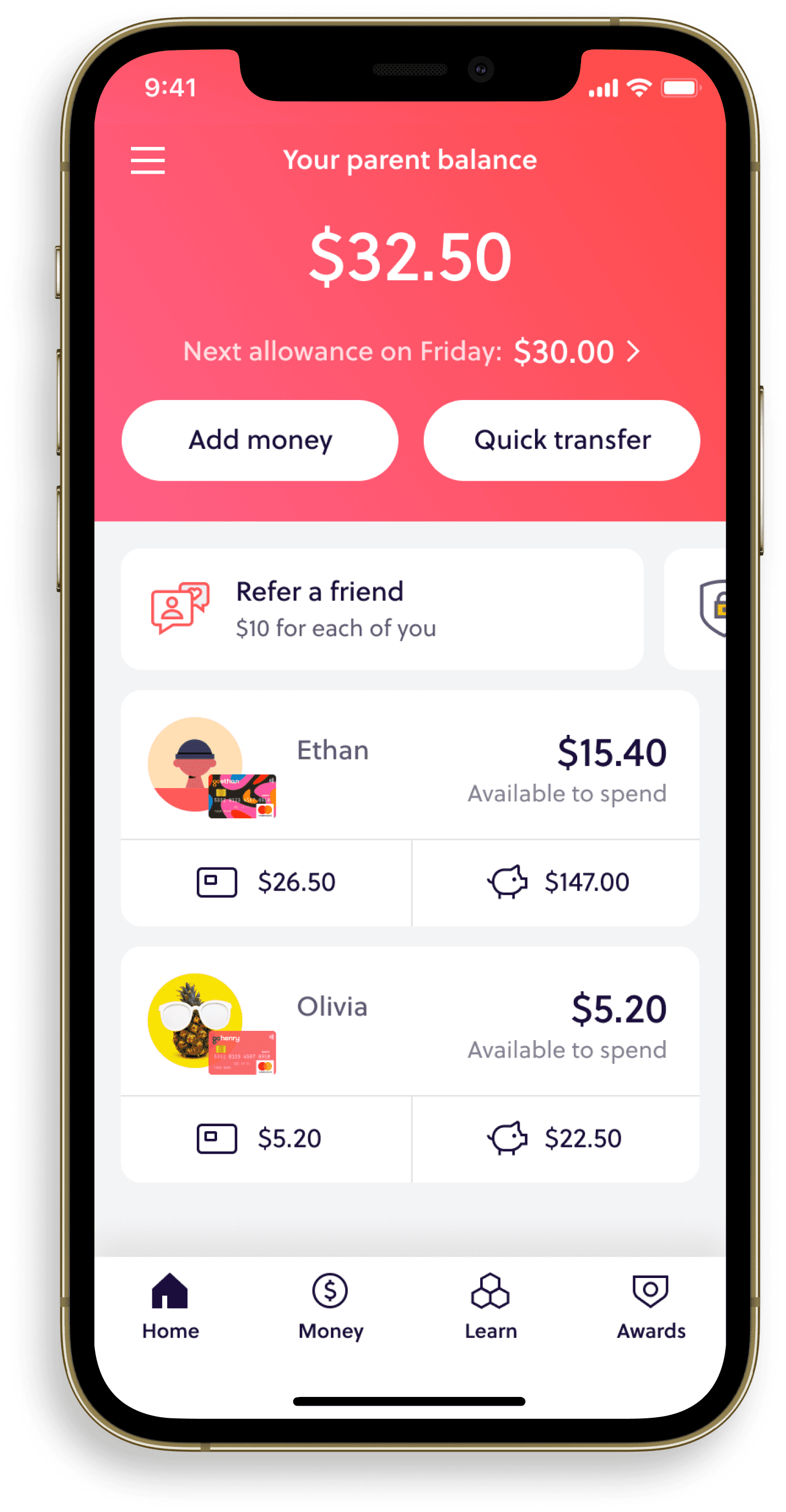 gohenry parent balance screen showing each child's card, dollar amount, and piggy bank amount