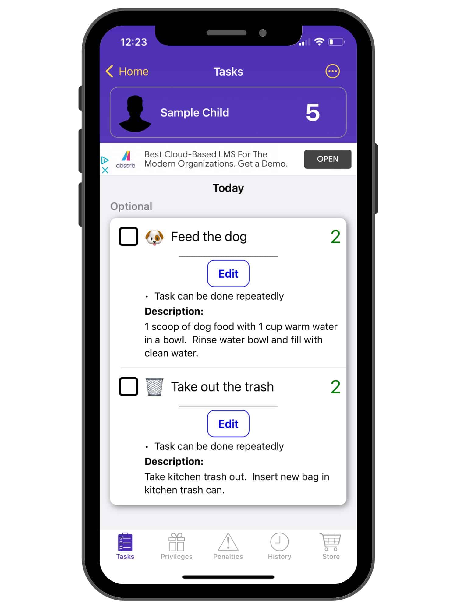 purple and white dashboard of sample child showing tasks with points and description