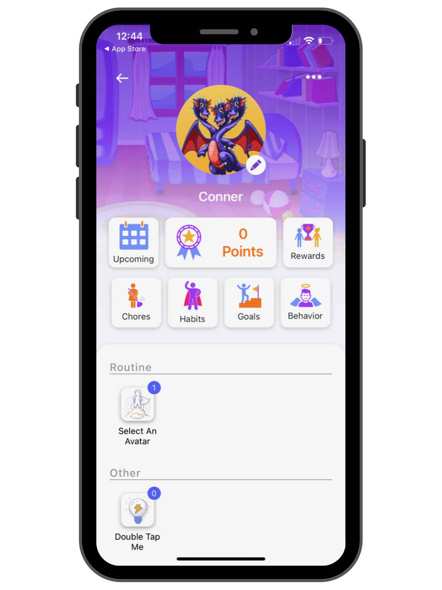 dragon avatar on child's dashboard screen with points, rewards, upcoming calendar, etc.