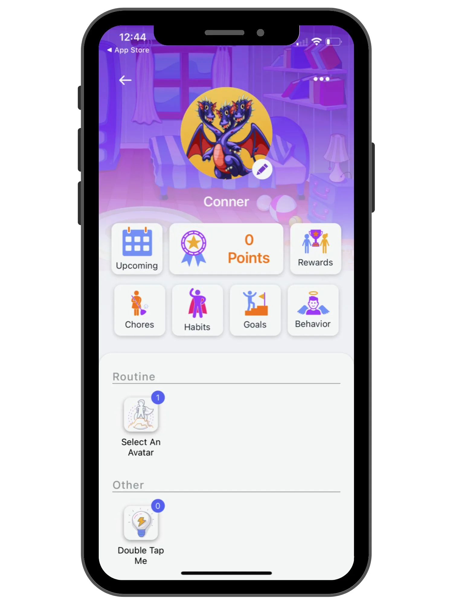 dragon avatar on child's dashboard screen with points, rewards, upcoming calendar, etc.
