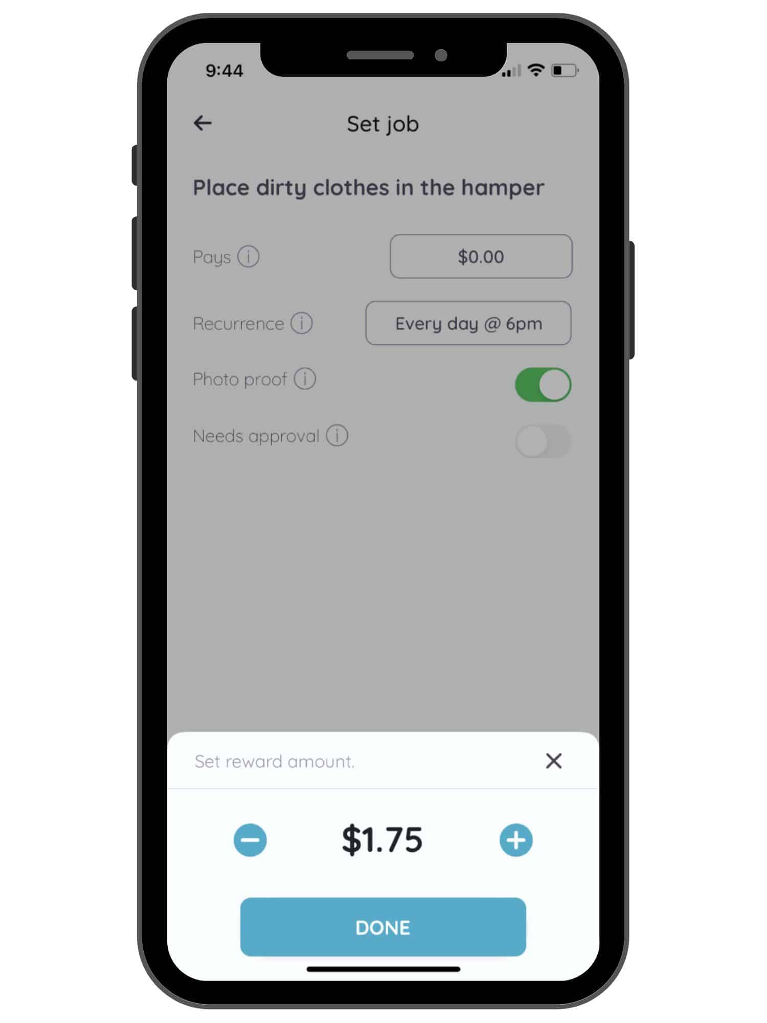 white chore screen where you set pay amount, chore task, photo proof, recurrence, etc.