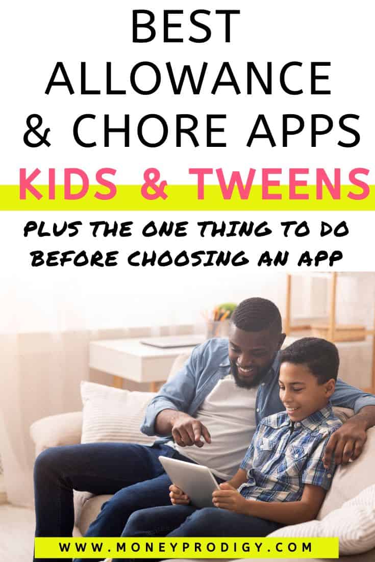 father and son on couch looking at table screen, text overlay "best allowance and chore apps kids and tweens"