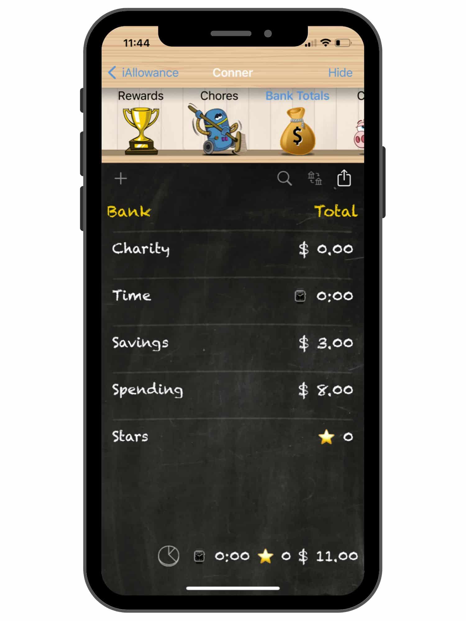 black dashboard showing child's bank totals for charity, time, savings, etc.