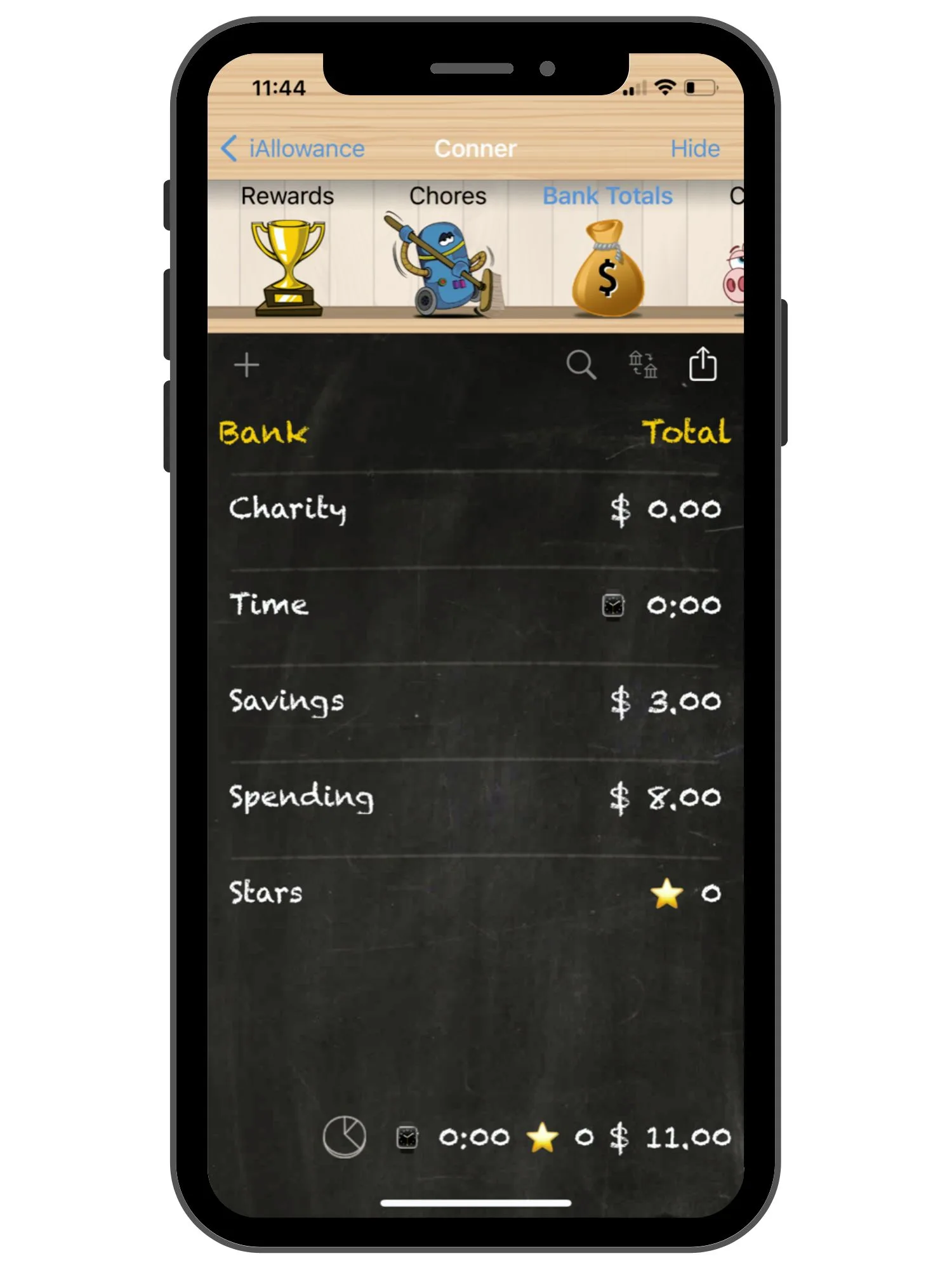 black dashboard showing child's bank totals for charity, time, savings, etc.