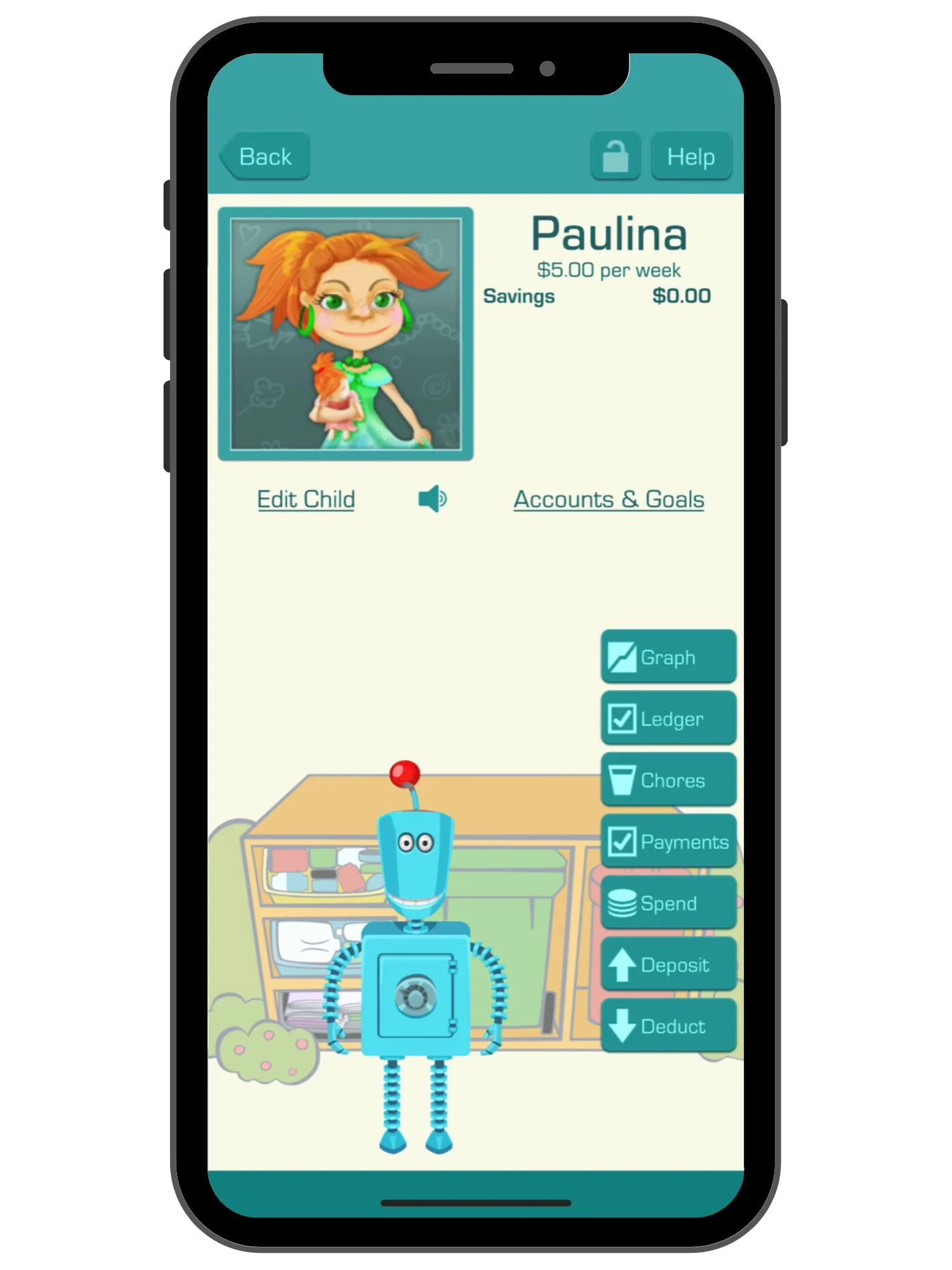 blue robot on child's dashboard with lots of buttons on side panel for graph, ledger, chores, etc.