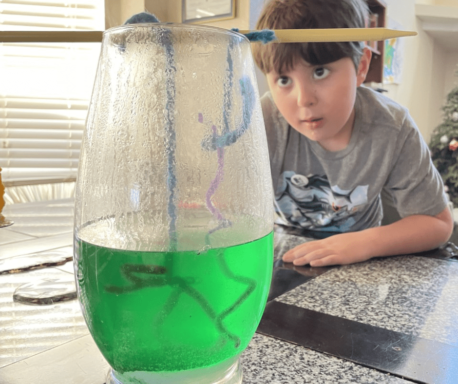 5-year-old boy looking at big vase with yarn hanging down in green water, growing crystals