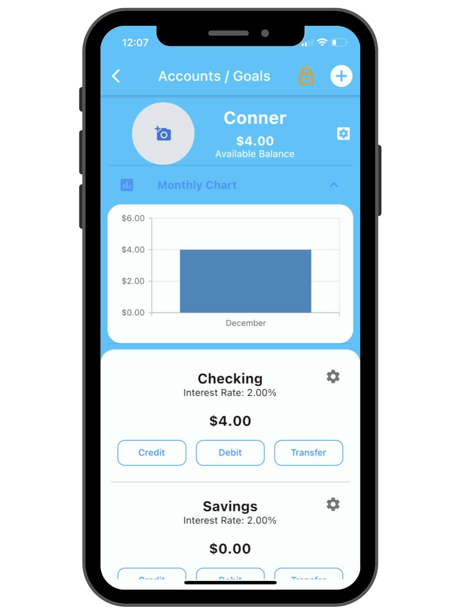 light blue dashboard showing child's dashboard with checking, savings, and interest earned