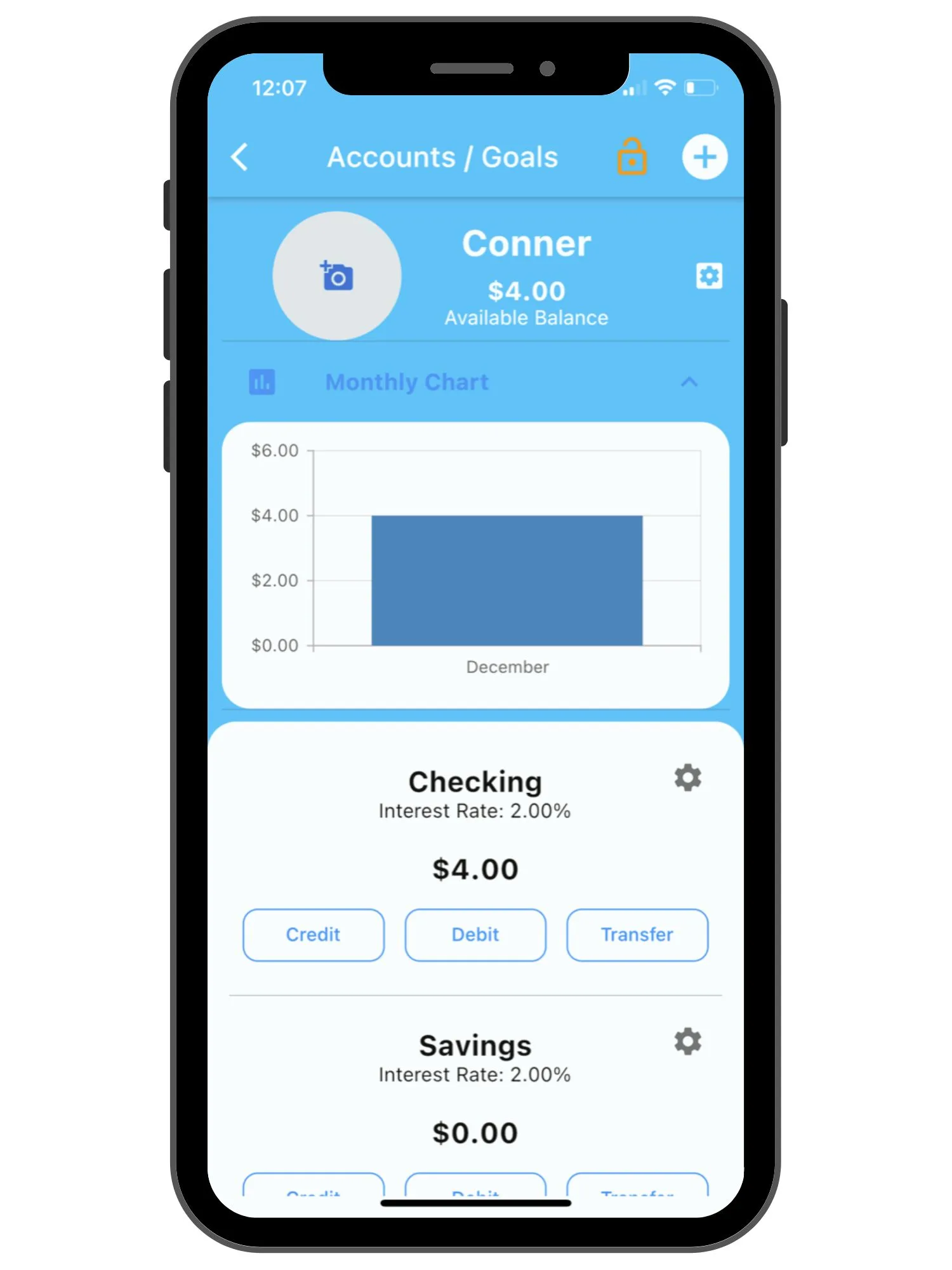 light blue dashboard showing child's dashboard with checking, savings, and interest earned