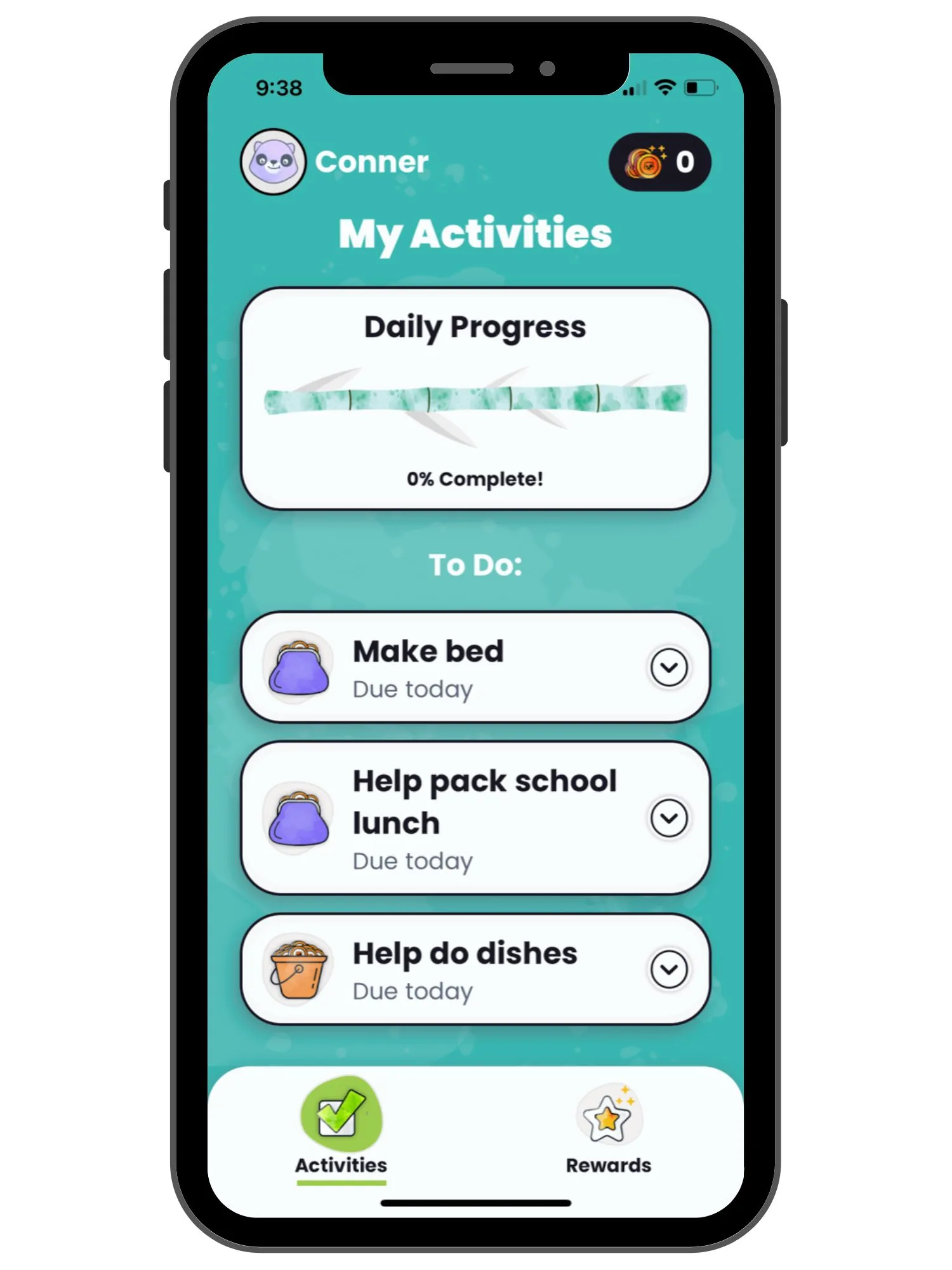 teal colored child dashboard showing activities and chores