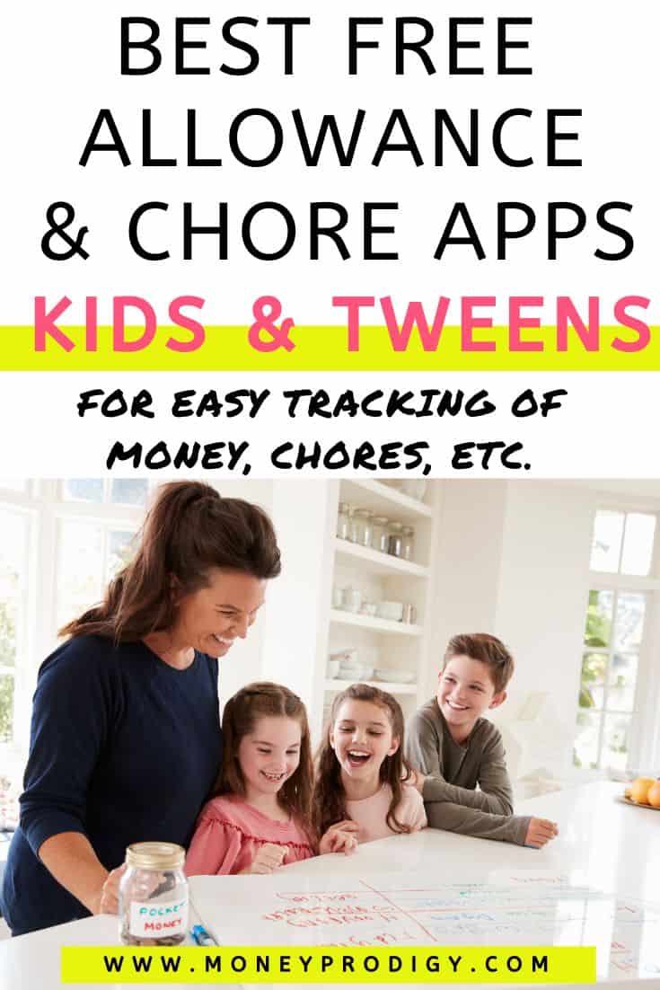 mother with children and chore chart, text overlay "best free allowance and chore apps for kids & tweens"