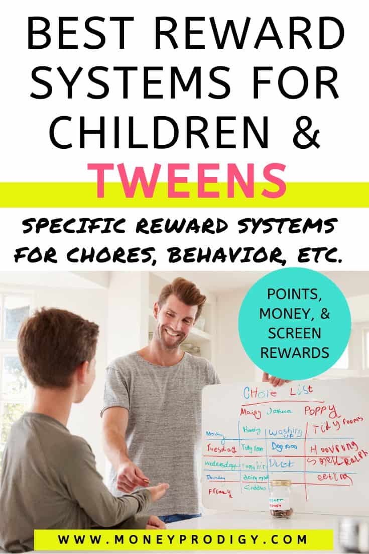 father with chore chart giving reward to kid, text overlay "best reward systems for children and tweens"