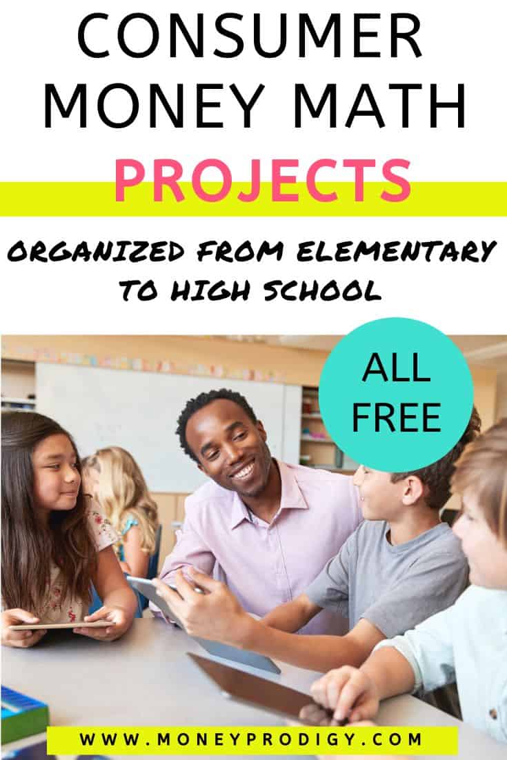 school teacher with middle school students at a table smiling, text overlay "consumer money math projects"