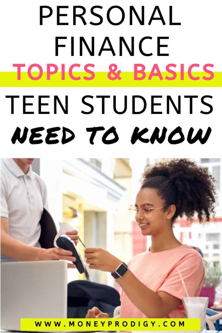 teen girl using debit card to pay at restaurant, text overlay, "personal finance topics and basics for teen students"