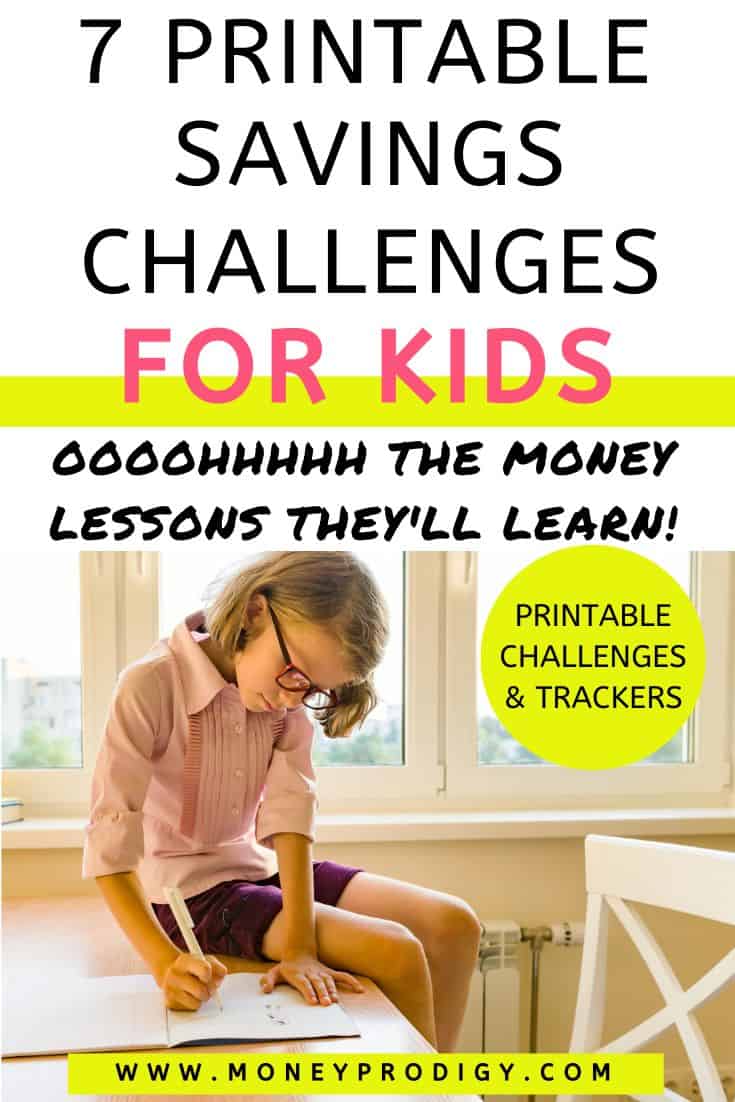 girl tween sitting on desk writing, text overlay "7 printable savings challenges for kids"