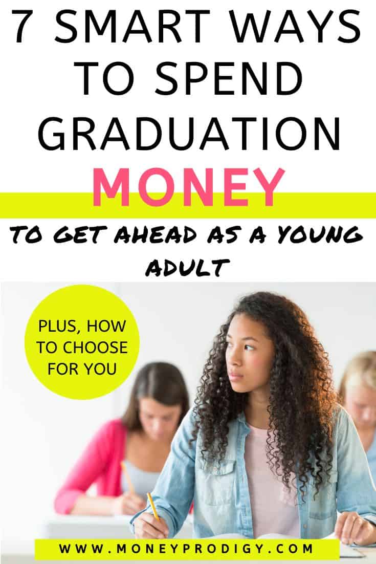 high school student girl at desk, text overlay "7 smart ways to spend graduation money"