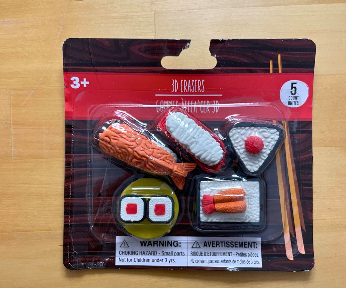 Package of colorful sushi erasers that look real